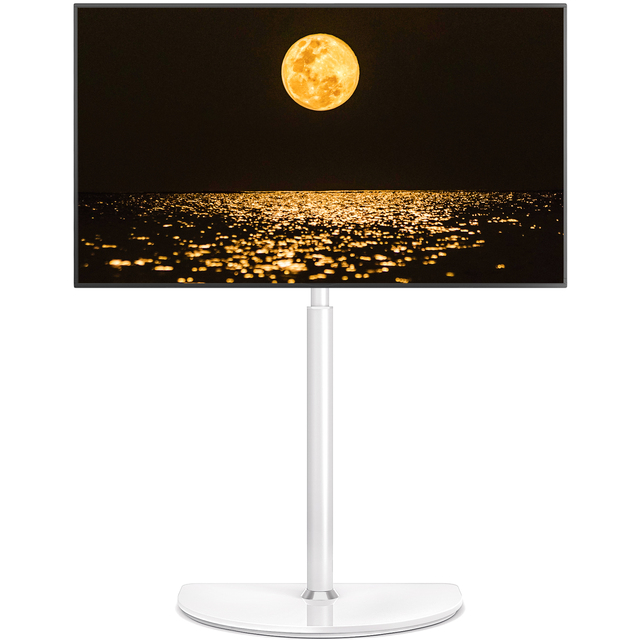 Modern Floor TV Stand with Sturdy Mount, High Gloss Easel Studio TV Stand with Semi-round Pure White Tempered Glass Base