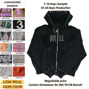 Sweat-shirts et sweats à capuche brodés surdimensionnés unisexe en coton doux, style vintage, avec perles et rivets, effet inversé, pour hommes - Product Image 1