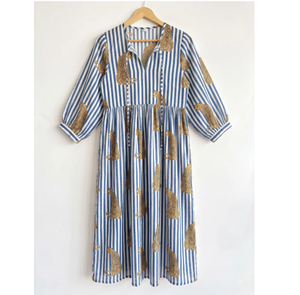 Robe maxi à rayures bleues et imprimé léopard pour femmes, manches longues, coton, style bohème, tenue de vacances d'été, plage, resort - Product Image 1