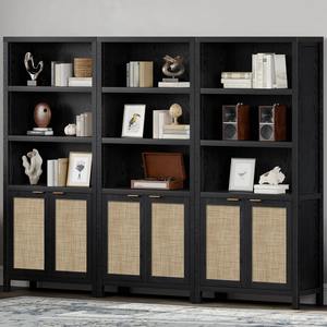 Librería Alta Negra Estilo Boho al por Mayor, Estantería de Madera con Puertas, Estantes Ajustables, Estilo Ratán - Product Image 6