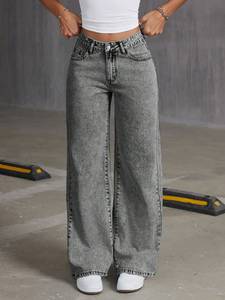 Jeans <span class=keywords><strong>de</strong></span> Lavado Oscuro para <span class=keywords><strong>Mujer</strong></span> con Bordado, Pantalones <span class=keywords><strong>de</strong></span> Cintura Alta, Pierna Recta y Ancha, Botón con Lazo, Holgados, Casuales, <span class=keywords><strong>de</strong></span> Color Sólido, Transpirables, <span class=keywords><strong>de</strong></span> Mezclilla - Product Image 2