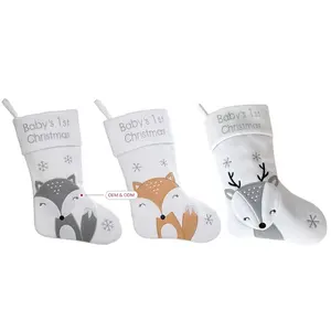 New Arrival Baby Kids Memorial Gift Durable and Soft Cute Fox Pattern Cartoon Christmas Stocking with Snowflakes for Embroidery