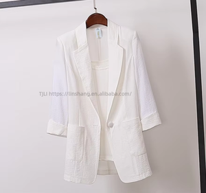Manteau de costume décontracté pour femme en coton et lin respirant, manches 3/4, mi-longueur, grande taille, tendance - Product Image 5