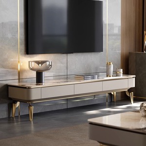 Italian-style Light-luxury Modern Minimalist Metal Stone-slab <b>TV</b> Cabinet Coffee Table Set for <b>Small</b> Apartment Living Room - Product Image 3