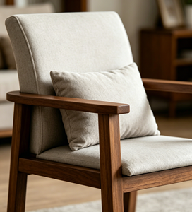 Fauteuil scandinave moderne en bois avec revêtement crème pour salle à manger - Product Image 2
