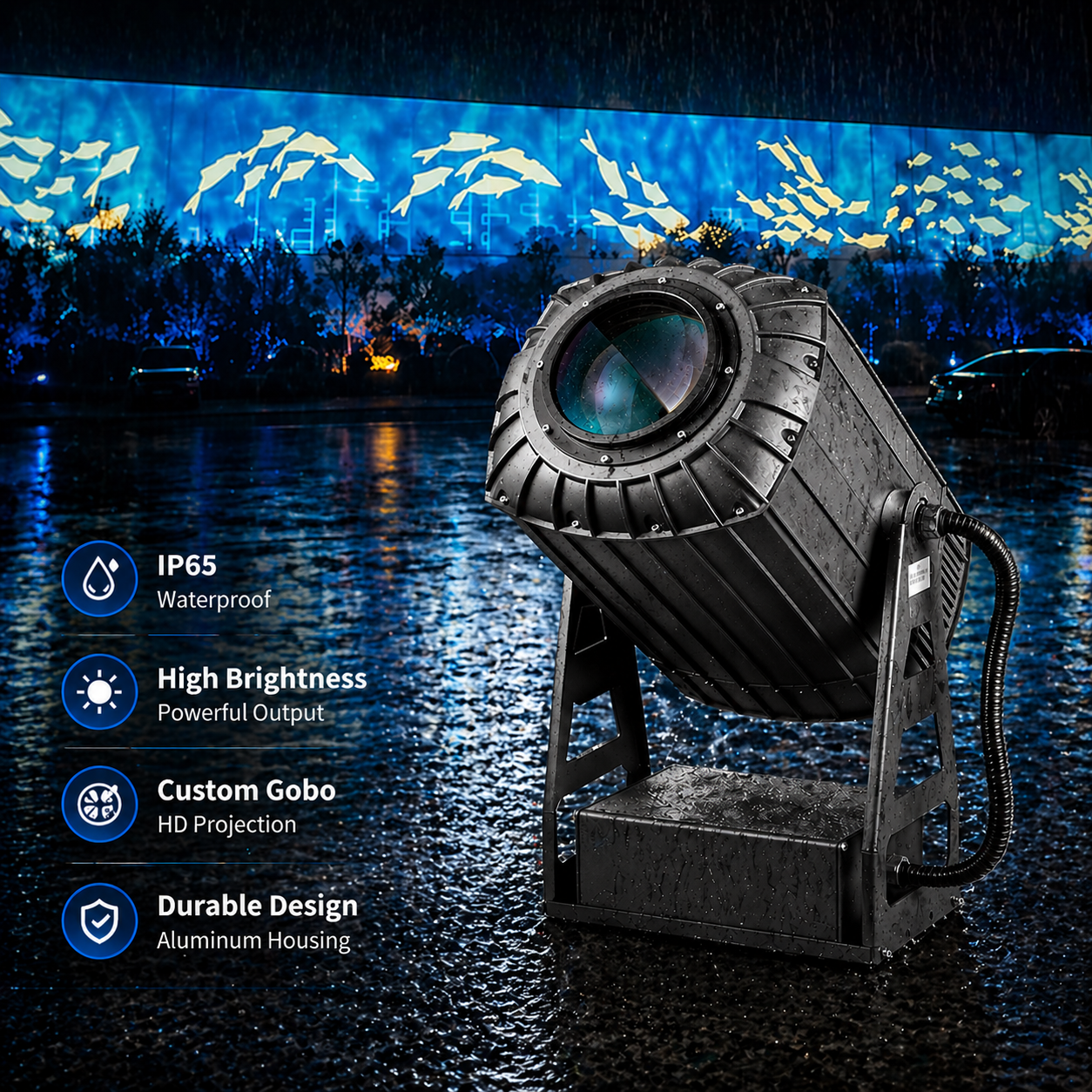 600W Aluminum Alloy Outdoor LED Zoom Gobo Projector IP65 Waterproof Advertising Logo Light with Rotating Glass Gobo DMX Control