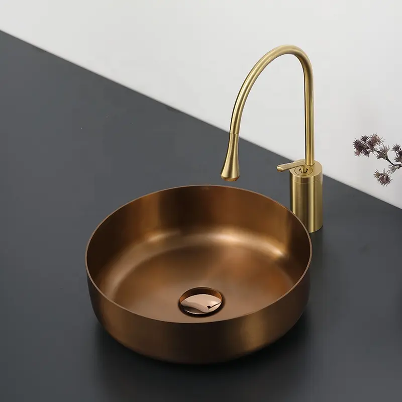 La migliore vendita finitura oro di figura rotonda lavaggio a mano lavello in acciaio inox per il bagno