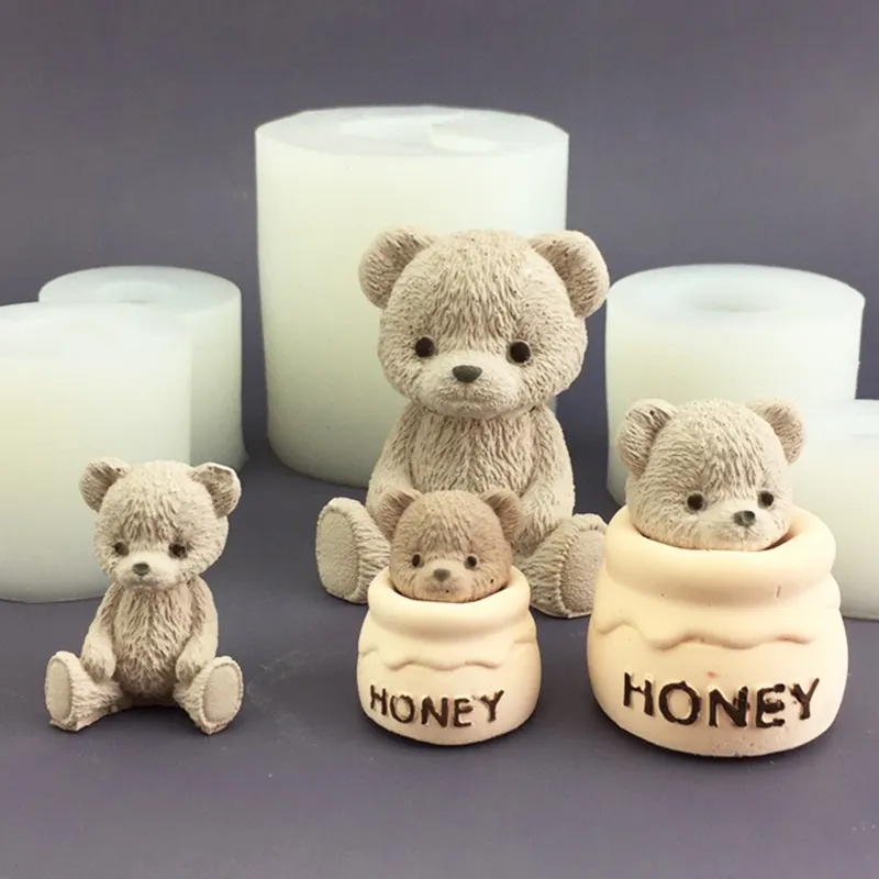 Teddy Bear Honey Jar Candle Silicone Mold Chocolate Cake Baking Mould Aroma Candle Plaster Drip Mold