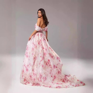 Vestido de Noche de Organza con Estampado Floral y Hombros Descubiertos, Cintura Imperio, Capa Transparente Larga, Moda Femenina - Product Image 2