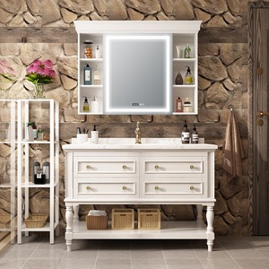 Meuble de salle de bain en bois massif bleu, style rétro américain, peinture laquée, lavabo intégré en céramique - Product Image 2