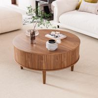 Table basse ronde moderne en bois à lattes, finition noyer, pour grossistes en meubles, commande en gros, OEM, ODM