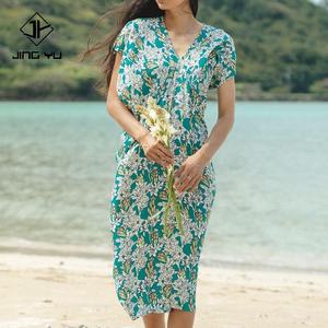 Custom Less Wrinkle <b>Rayon</b> the 130gsm a Polyester Spandex Material and a Jersey Knit Material Hawaiian <b>Dresses</b> Casual Women - Product Image 1