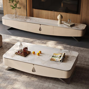 JINS-Meuble de télévision en marbre de luxe, couleur naturelle, table basse en marbre avec pieds en métal - Product Image 1