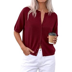 Cardigan en tricot à manches courtes pour femme, pull boutonné décontracté et respirant pour le printemps - Product Image 1