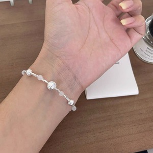S925 Sterling Silver <b>Bracelet</b> With White Jade <b>Beads</b> Ball Shape Unisex Jewelry Gift - Product Image 2