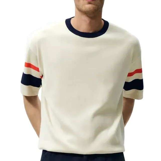 カスタム高品質ニットショルダーストライプTシャツコーマ綿クルーネック半袖メンズトップTシャツ
