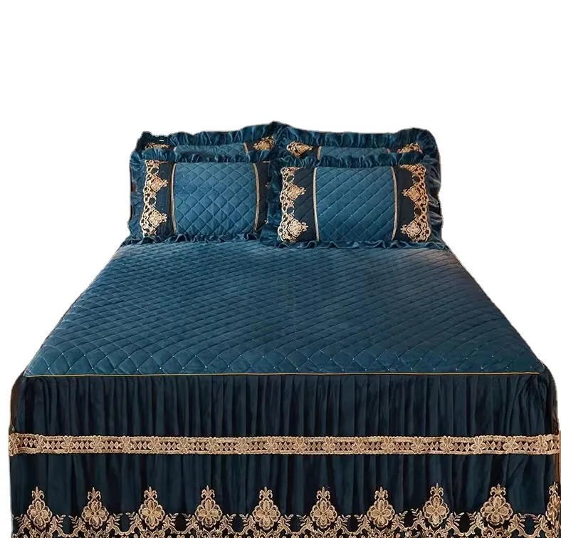 Cross border plain bedspread bedclothes three sets lotus leaf lace custom trade bedskirt,Bud silk bed skirt fitted set