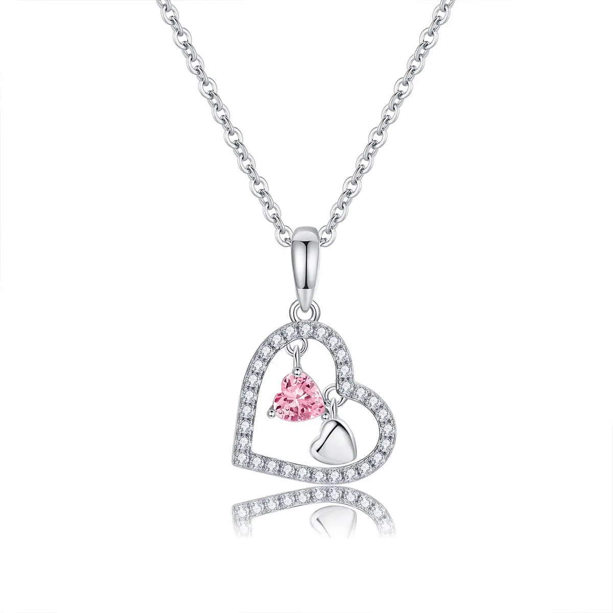 Nuovo Design di alta qualità rosa zircone cubico 925 argento Sterling collana pendente doppio cuore