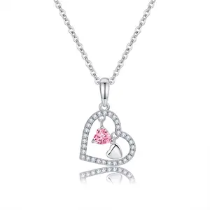 New Design High Quality Pink Cubic Zircon 925 Sterling Silver Double Heart Pendant Necklace
