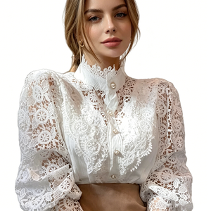 Elegante Spitzenbluse mit langen Ärmeln für Damen, V-Ausschnitt, Chiffon-Oberteil, transparenter Rücken, Blumenstickerei, schmal geschnitten, lässig, für Party, Büro, Hemd - Product Image 1