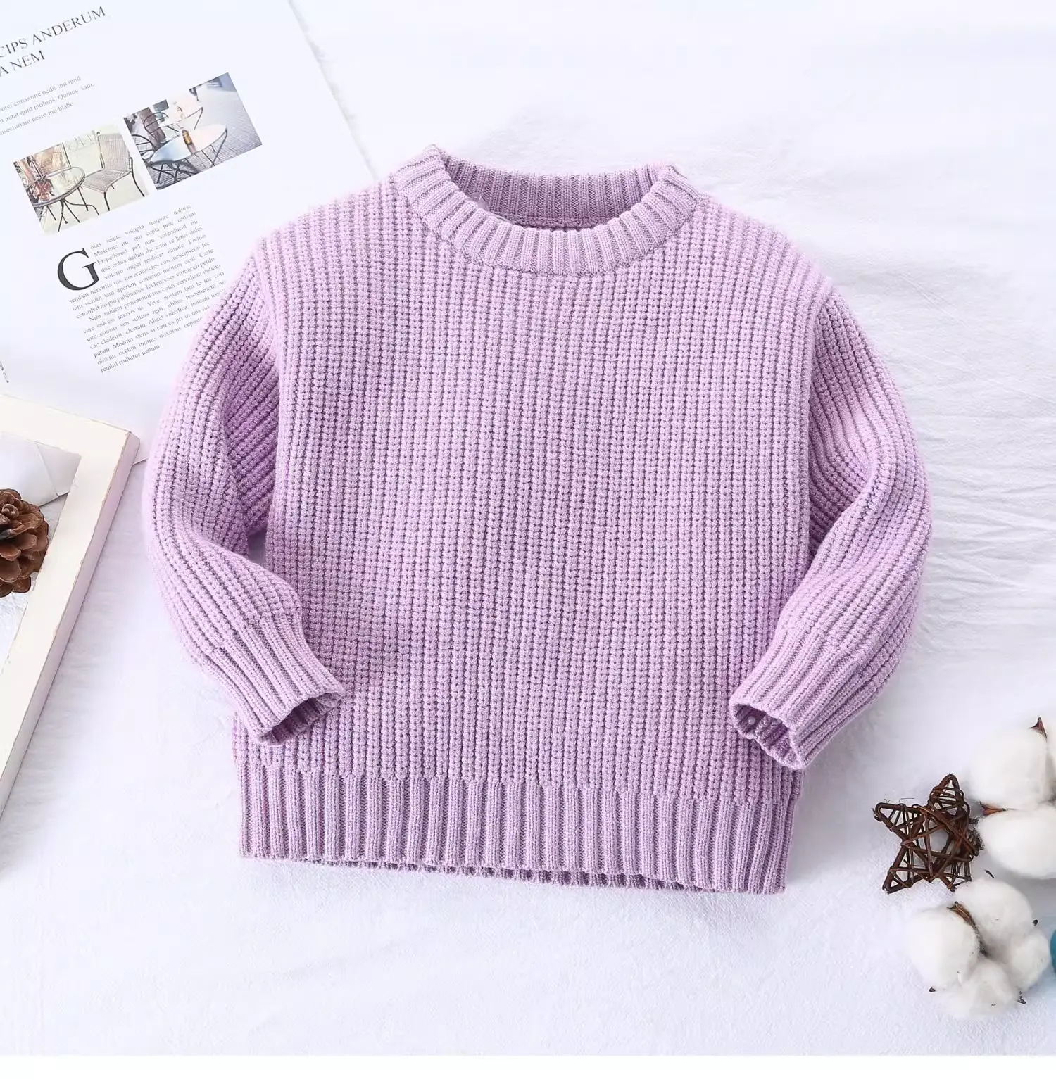 Low Moq Solid Color Wholesale Jacquard Designs Toddler Kids Purple Chunky Knit Vintage Baby Girl Sweater pullover jumper