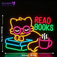 Insegna al Neon LED Personalizzata con Gatto che Legge e Caffè, Decorazione Murale Luminosa per Scuola, Studio e Caffetteria