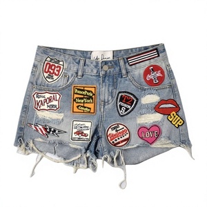 Women's Distressed Denim <b>Shorts</b> With Patchwork Appliques Mid Waist Vintage Style Regular Fit Button Fly - Product Image 1
