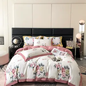 Neue Baumwolle breite Kante Ecke Druck Bett bezug Luxus Blume rosa Mädchen Kissen bezug 4-teilige Home Textil Bettwäsche Set Lieferant