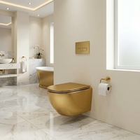 WC suspendu mural moderne W03 avec réservoir encastré, cuvette dorée et chasse d'eau Tornado