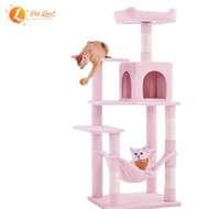 Arbre à chat moderne de luxe en bois massif, avec condo en peluche gris clair, poteaux à gratter, structure d'escalade à 2 niveaux, emballage en carton