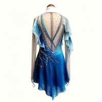 Robe de patinage artistique bleu dégradé avec strass, dos en V profond, manches longues, maille, costume de compétition de patinage sur glace, personnalisable