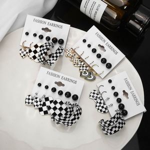 Vintage Love Geometric Checkerboard Drop <b>Earrings</b> Set for Women Fashion <b>Black</b> White Lattice Heart <b>Stud</b> <b>Earring</b> Jewelry - Product Image 2