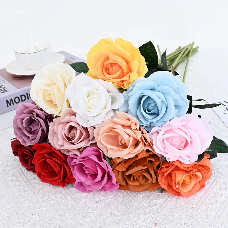 큰 머리 인공 장미 실크 장미 꽃 단일 줄기 장미 결혼식 장식을위한 많은 색깔에있는 인공 꽃 대량