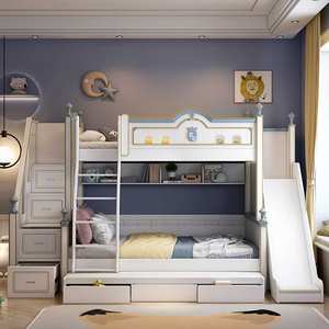 Lit d'enfant princesse en bois blanc moderne pour maison lit en bois luxueux double pour filles lit superposé avec toboggan et escaliers - Product Image 6