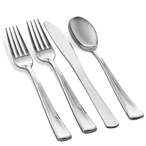 Wholesale Plastic Silver Coated Cutlery Set Recyclable Flatware Sets Heavy Duty Knife Fork and Spoon