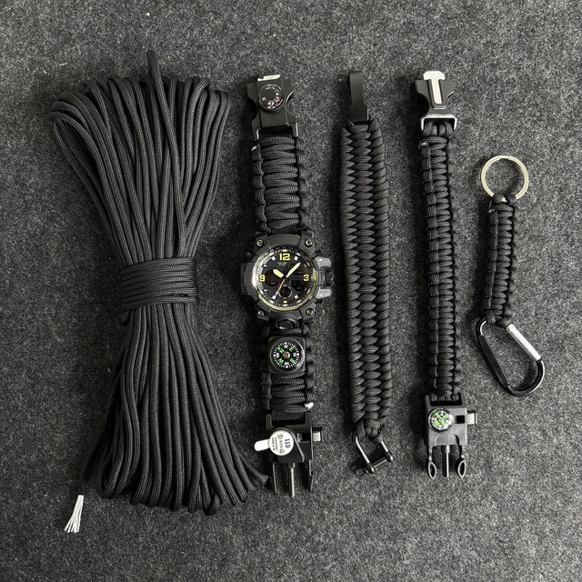 Mens Outdoor Survival Tactical Watch Dual Analog-Digital Display Multi-Function Paracord Strap PU Textile Material