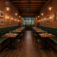 Ensemble commercial de mobilier de restaurant personnalisé Ron Group : banquette capitonnée en forme de L, table en bois massif et chaise en cuir