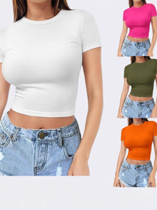 Summer Women's Form Fitting Crop <strong>Top</strong>, Short Sleeve Crew Neck T-Shirt in Milk <strong>Silk</strong> - Product Image 5