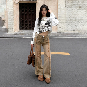 Jean délavé à bords bruts taille basse coupe droite ample en denim pour femme style Y2K vintage décontracté - Product Image 4