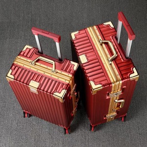 Red Aluminum Frame Suitcase 24 Inch With Combination Lock 360 Degree Spinner <b>Wheels</b> Large Capacity For Travel Honeymoon Carry On - Product Image 3