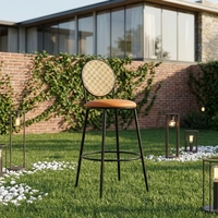 Tabouret de comptoir avec dossier rond en rotin, coussin en cuir, structure métallique, repose-pieds circulaire, pour café, restaurant, hôtellerie, intérieurs