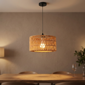 Luminaire suspendu en rotin, E27 LED 2700K, blanc chaud, abat-jour rond pour salon, montage noir, lampe de plafond - Product Image 2