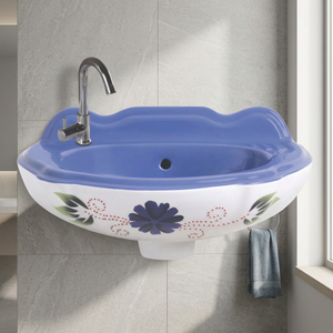 Lavabo con estampado de flores blancas y azules Diseño simple moderno Gabinete de tocador de baño montado en la pared Fregadero de cerámica - Product Image 1