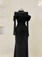 Élégante Robe Jalabiya de Dubaï 2026, Robe de Soirée Modeste pour l'Aïd avec Détail de Col en Satin Bleu et Manches Ornées de Cristaux Ramanda