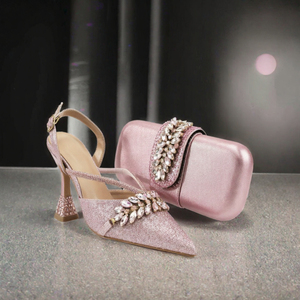 Conjunto de Sandalias de Tacón con Brillantina Rosa y Bolso de Mano, Zapatos de Vestir con Punta en Pico y Pedrería para Bodas y Fiestas - Product Image 3