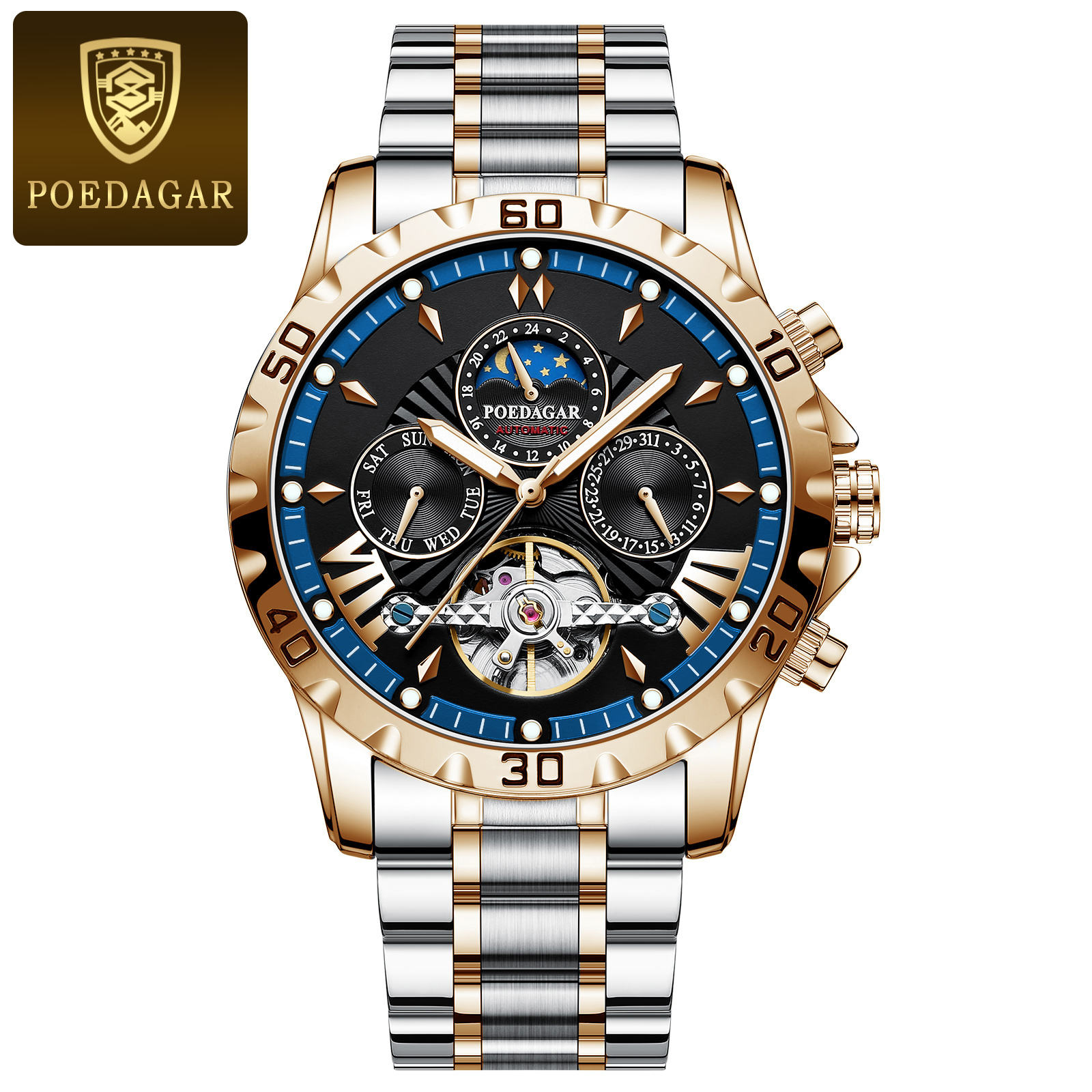 1410 rose gold case-black dial-blue bezel-steel band