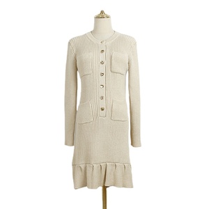 2026 新款奢华女式金色连衣裙圆领长袖针织荷叶边短裙秋季休闲迷你连衣裙女式 - Product Image 2