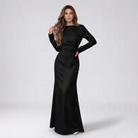 Robe longue élégante en satin tissé pour femme, coupe trapèze, manches longues, col rond, taille froncée, fermetures éclair, couleur unie, pour soirée formelle ou usage quotidien