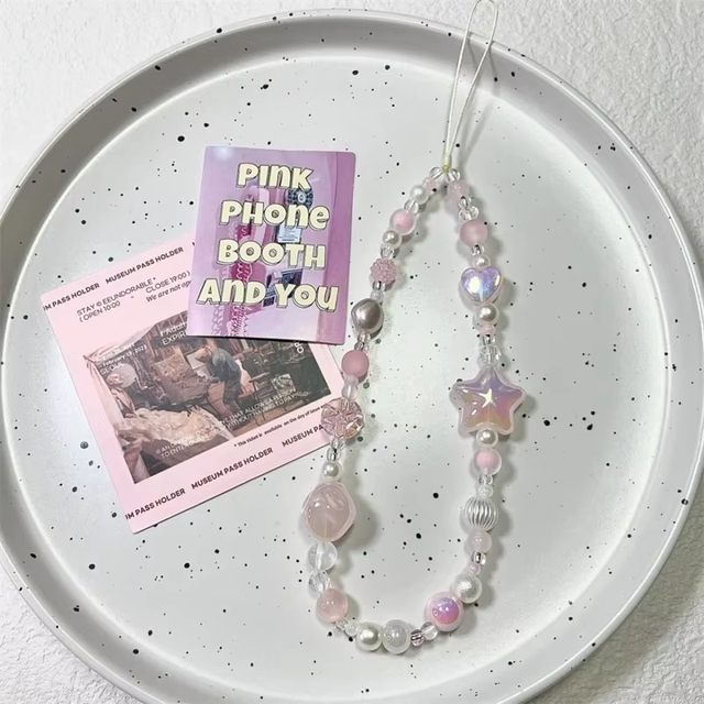 Korean Y2K Cute 3D Pink Star Heart Beaded Phone Chain Charm Lanyard for iPhone Samsung Universal Anti-Loss Hanging Rope Jewelry