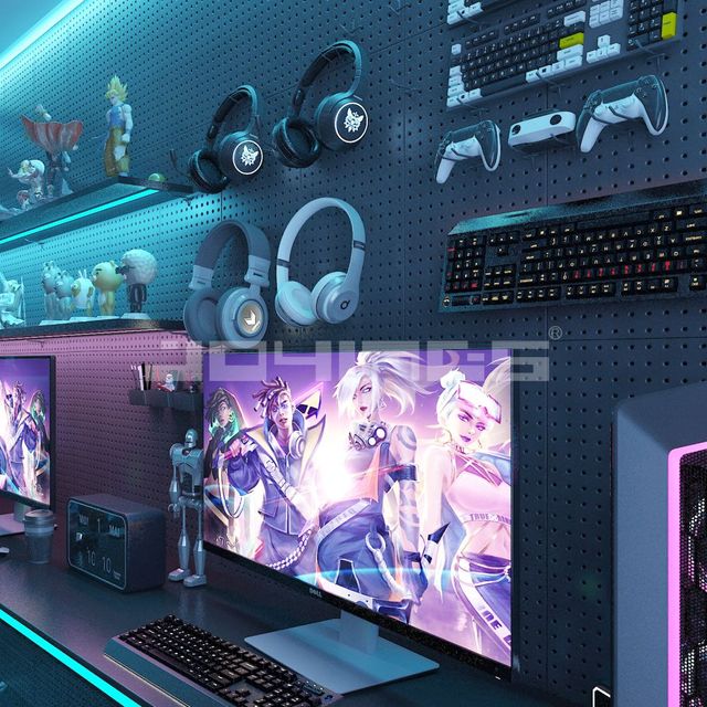 Gaming Room Wall Storage with Metal Panels Hooks Shelves Bins and Poegboard Display for Esports Equipment Organization